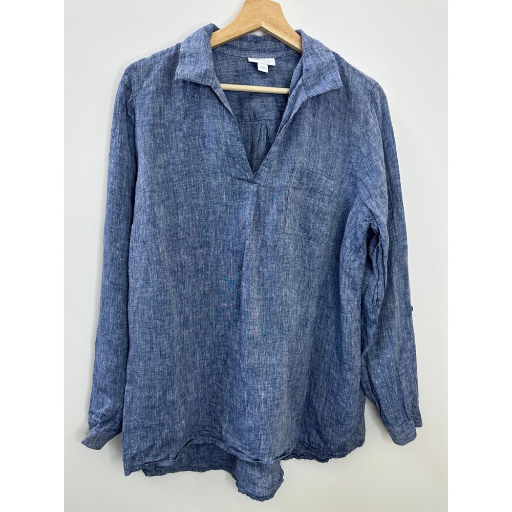 J Jill x Love Linen Roll Tab Pocket Top Medium Blue Lagonlook Coastal Beachy - Picture 2 of 14